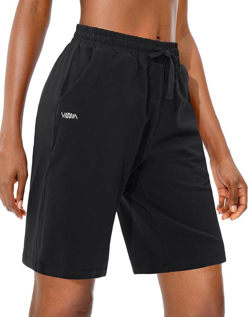 Viodia Women's Bermuda 10" Long Shorts with Pockets Cotton Sweat Shorts Jersey Knee Length Shorts for Summer (X-Large, Black)