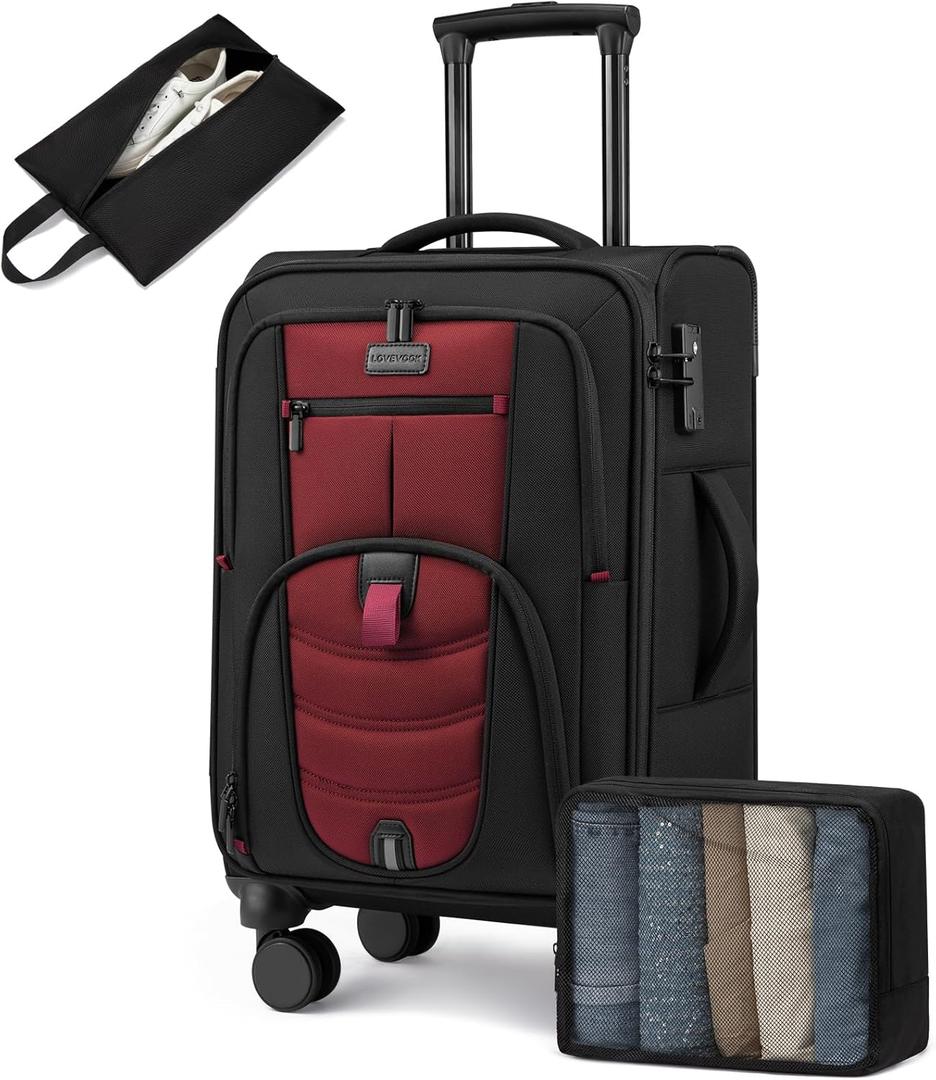 Carry On Luggage 22x14x9 Airline Approved, 22-Inch Suitcases with Spinner Wheels, Softside Carry-on Luggage with TSA Lock for Men Women Business Trip, Lightweight Large Capacity Luggage for Travel (Black&Red)