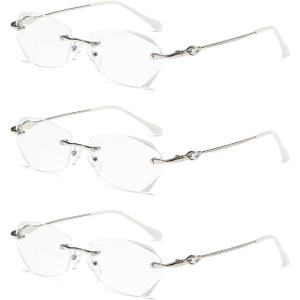 TERAISE Frameless Reading Glasses For Women With Blue Light Blocking,Fashion Diamond Cutting Rimless Eyeglasses (3pcs Silver)