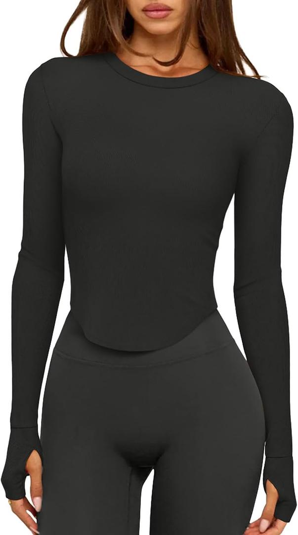 LASLULU Long Sleeve Workout Shirts for Women Lightweight Athletic Crewneck Gym Active Tops Casual Basic Fall Outfits Clothes(Black Medium)