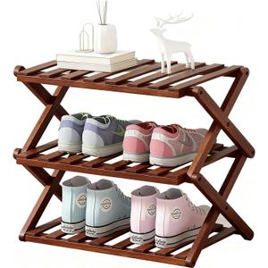 3-Tier Bamboo Shoe Rack, Foldable Shoe Storage Organizer for Closet, Bedroom, Entryway & Living Room - Portable No-Assembly Design, Space-Saving for Shoes & Accessories(3 Tier) (Dark Brown)