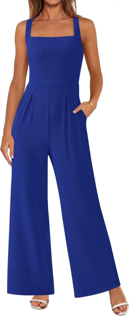 PRETTYGARDEN Summer Sleeveless Jumpsuits for Women Dressy Square Neck Wide Leg Pants Knit One Piece Rompers Fashion Clothing, L