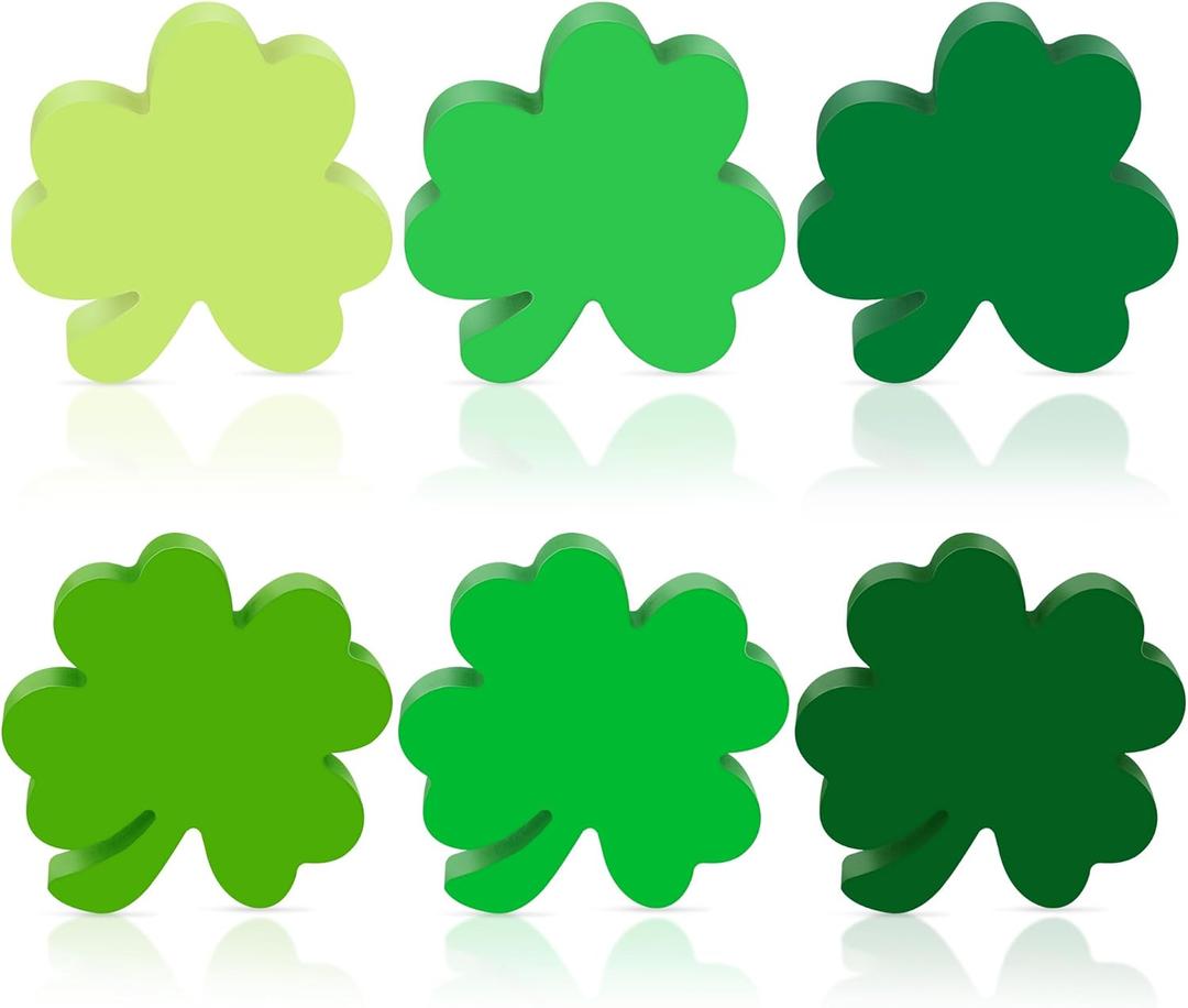 6 Pcs Wood Shamrock Decor, 3.03 x 3.14 Inches St Patricks Day Decor Tiered Tray Signs, 6 Style Green Shamrock Clover Leaf Tabletop Centerpiece, Saint Patricks Day Decorations for Home Mantle Kitchen