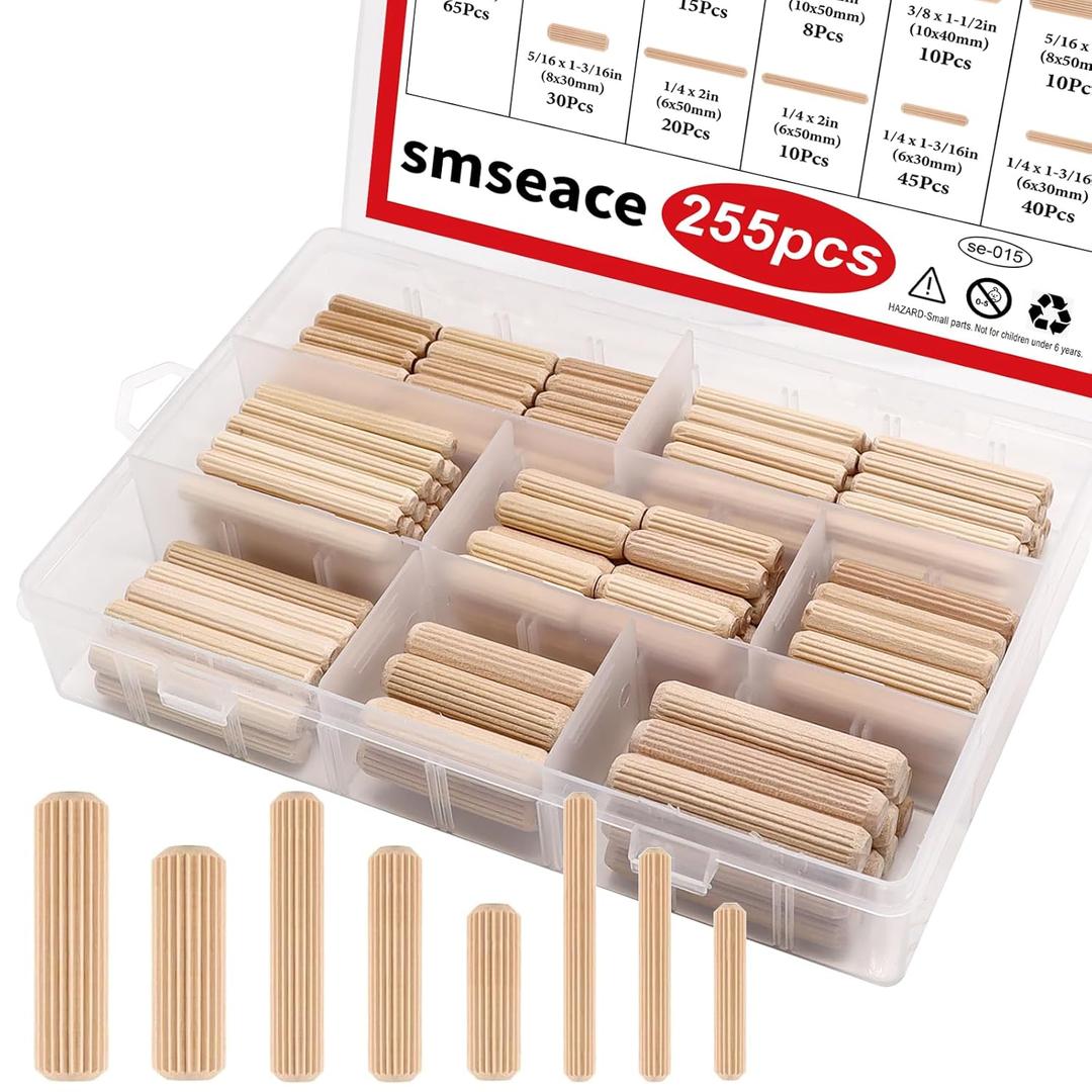 smseace 255Pcs Wooden Dowel Pins - 8 Sizes 1/4Inch 5/16Inch 3/8Inch Fluted Wooden Dowel Kit for Crafts, Furniture, Door, DIY