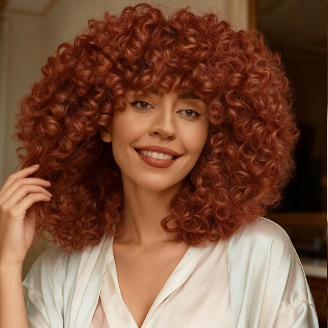 Afro Wig Curly Wigs for Black Women Short Kinky Curly Wig with Bangs Glueless Bouncy Fluffy Synthetic Wigs(Orange, 14 Inch)
