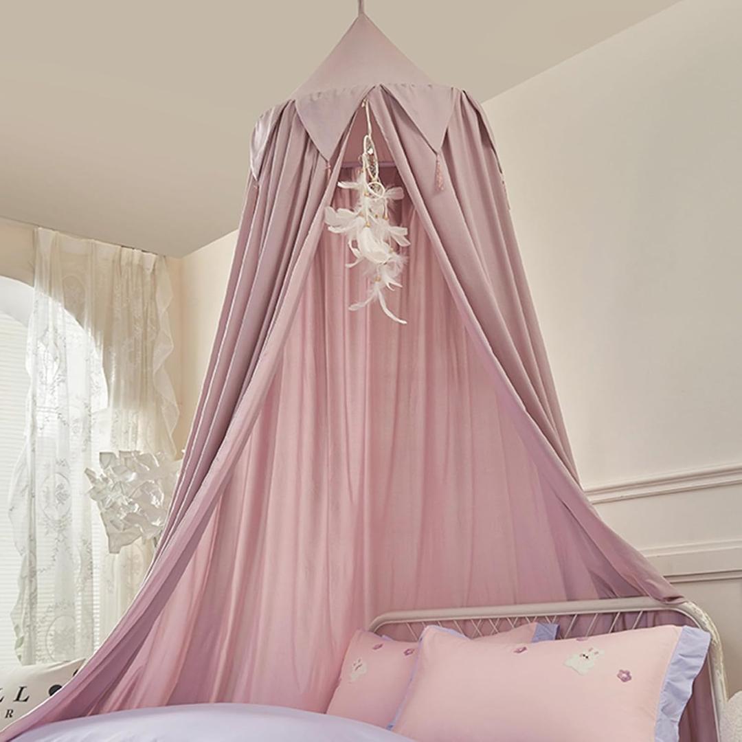 Bed Canopy for Kids, Girls Bed Curtain Bed Room Decor Hanging House Castle Reading Nook Dreamy Canopy(Brown Pink)