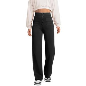 Keriffe Women's Straight Leg Pants High Waisted Button Stretchy Business Work Dress Casual Trousers Multiple Pockets Black XL