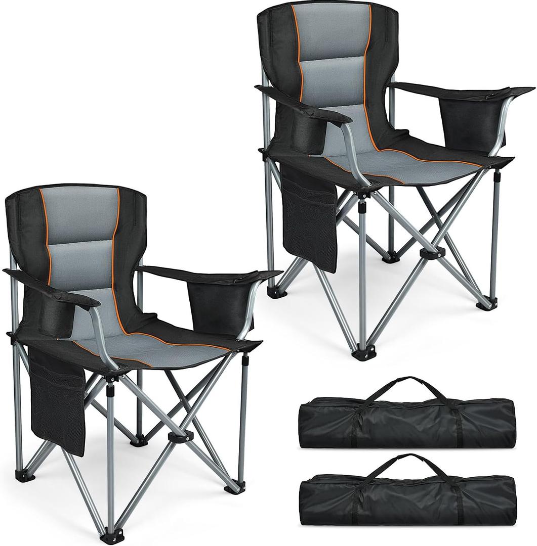 Camping Chairs, 2 Pack Oversized Heavy Duty Fully Padded Outdoor Folding Chairs with Cup Holder, Cooler Bag and Side Pocket, Support 400 LBS, Carry Bag Included, Versatile for Sports,Outdoors & Lawns, 23.6 inches x 23.6 inches x 37.8 inches