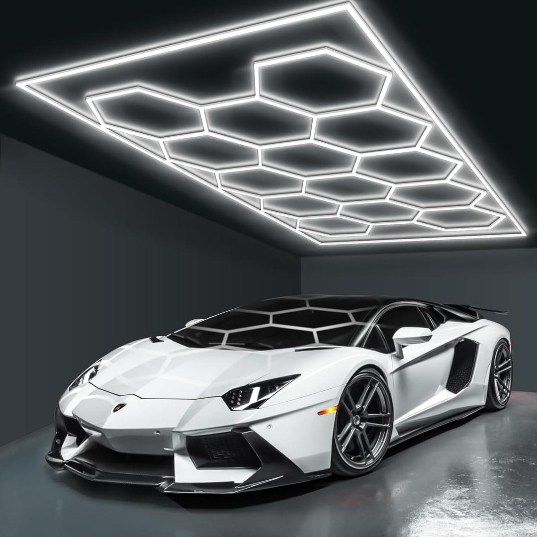 BRILLIHOOD Hexagon Garage Lights Honeycomb LED Hex Light, 672W, 80640LM, 6500K Super Bright, 14 Grid Systems Car Detailing Lights with Rectangular Frame for Garage Warehouse Workshop Basement Gym