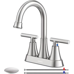 Bathroom Faucets for Sink 3 Hole, Hurran 4 inch Brushed Nickel Bathroom Sink Faucet with Pop-up Drain and Supply Lines, Stainless Steel Centerset Faucets for Sink Vanity RV