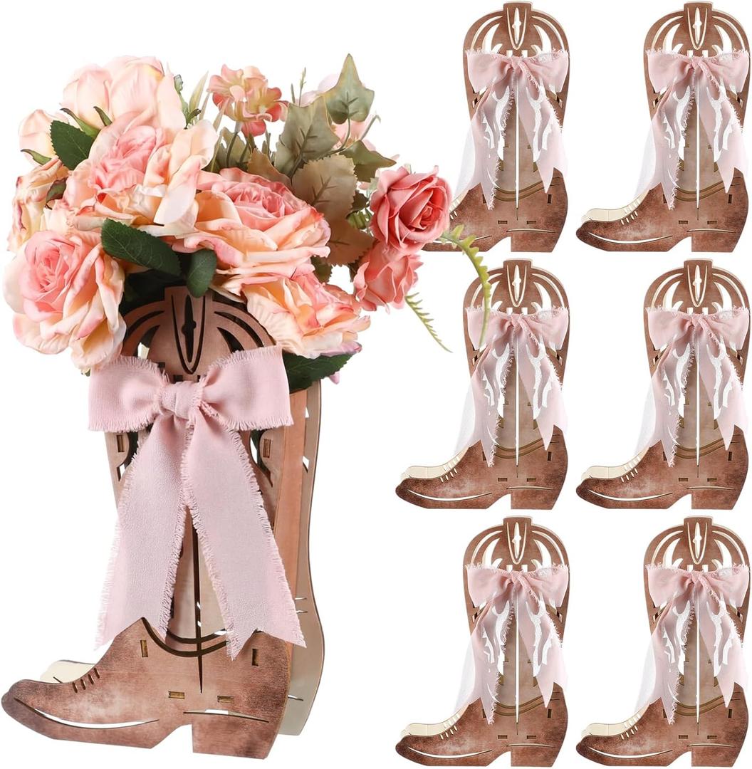 Amyhill Western Cowgirl Boots Flower Boxes Centerpiece Boot Shape Wood Boxes Decor Western Theme Party Cowgirl Favors Tabletop for Cowboy Birthday Party Baby Shower Wedding Supplies (Pink,6 Pcs)
