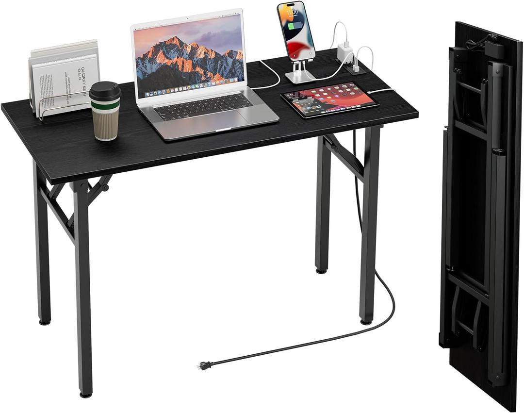 TEMI Small Computer Desk Folding Table - No Assembly, Compact 44.3" Foldable Desk with Power Outlets & USB Charging Port, Portable Small Office Desk, Ideal Mini Study Table, Dark Oak