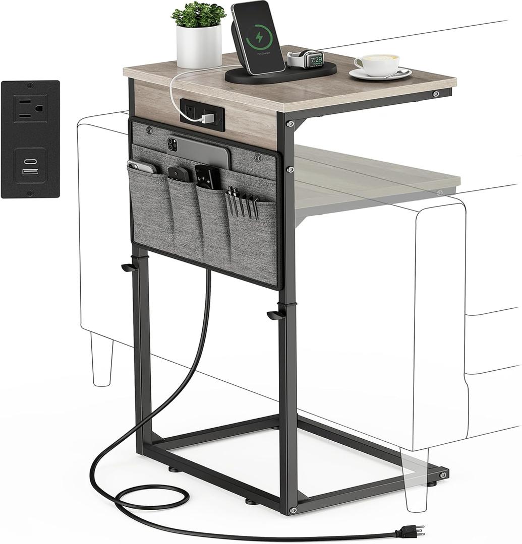 Vagusicc C Shaped End Table with Charging Station, 33" Tall Side Table for Couch, C Table Adjustable Height Small Couch Side Table, Slide Under Sofa Table TV Tray Arm Table for Living Room, Greige (16"D x 12"W x 17.7-33"H)