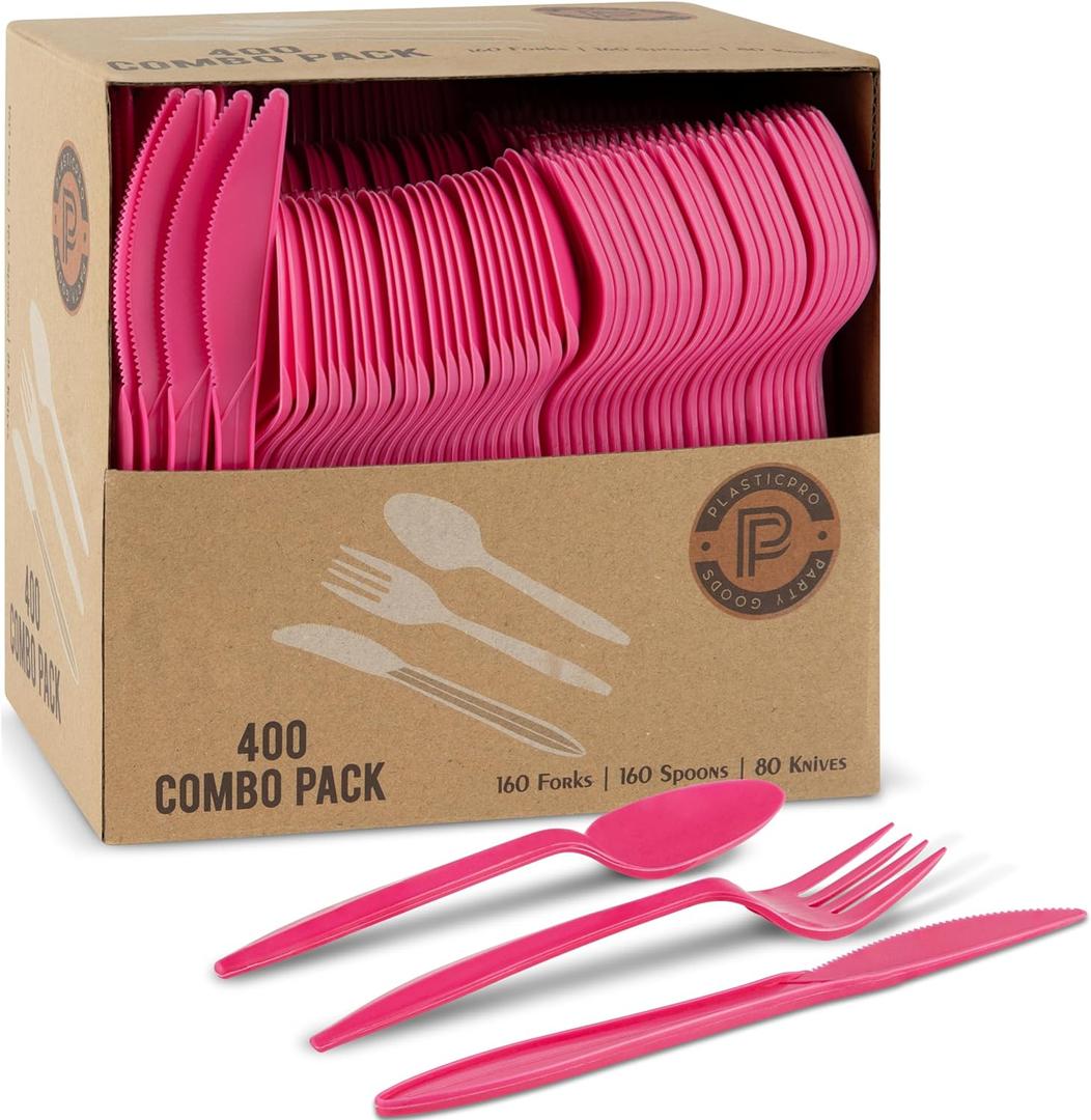 PLASTICPRO 400 Pack Disposable Plastic Utensils Assorted Colored Cutlery Combo Set Forks Spoons Knives Silverware, Pink Plastic Cutlery for Parties