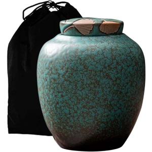 Medium Cremation Urn for Human Ashes, Unique Turquoise Glazed Ceramic Memorial, Ginkgo Leaf Decorative, for Sharing Adult or Infant