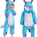 Toddler Blue Monster Costume: Hooded Halloween Animal Onesie - Cute Fuzzy Warm Fall Winter Blue Monster Outfit (6-12 Months)