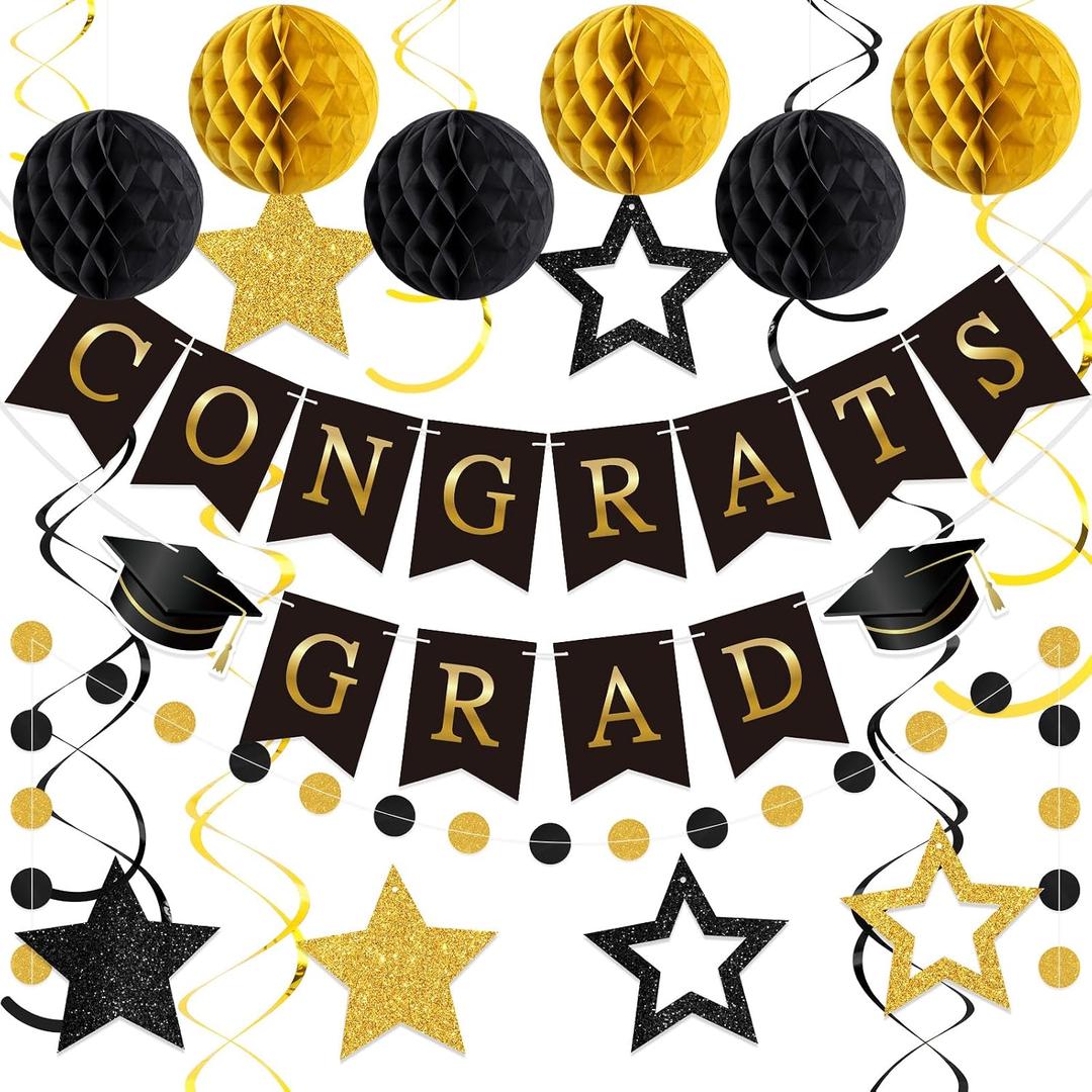 Seenelling 2026 Graduation Decorations Black and Gold Congrats Grad Banner with Hanging Swirl Honeycomb Ball Circle Garland Grad Party Favor Supplies for College Senior High School Classroom Decor