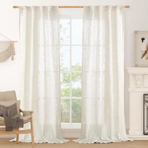 LAMIT Cream Linen Boho Curtains 84 inch Length 2 Panels, Light Filtering Semi Sheer Panels Back Tab and Rod Pocket Neutral Drapes for Bedroom/Living Room, 34 x 84 Inch