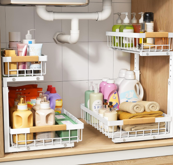PXRACK Under Sink Organizer, Adjustable Height, 2 Tier Pull Out Under Cabinet Organizer, Slide Out Thickened Metal Under Sink Storage for Kitchen Bathroom Laundry Pantry Cabinet, White, Large1Pack