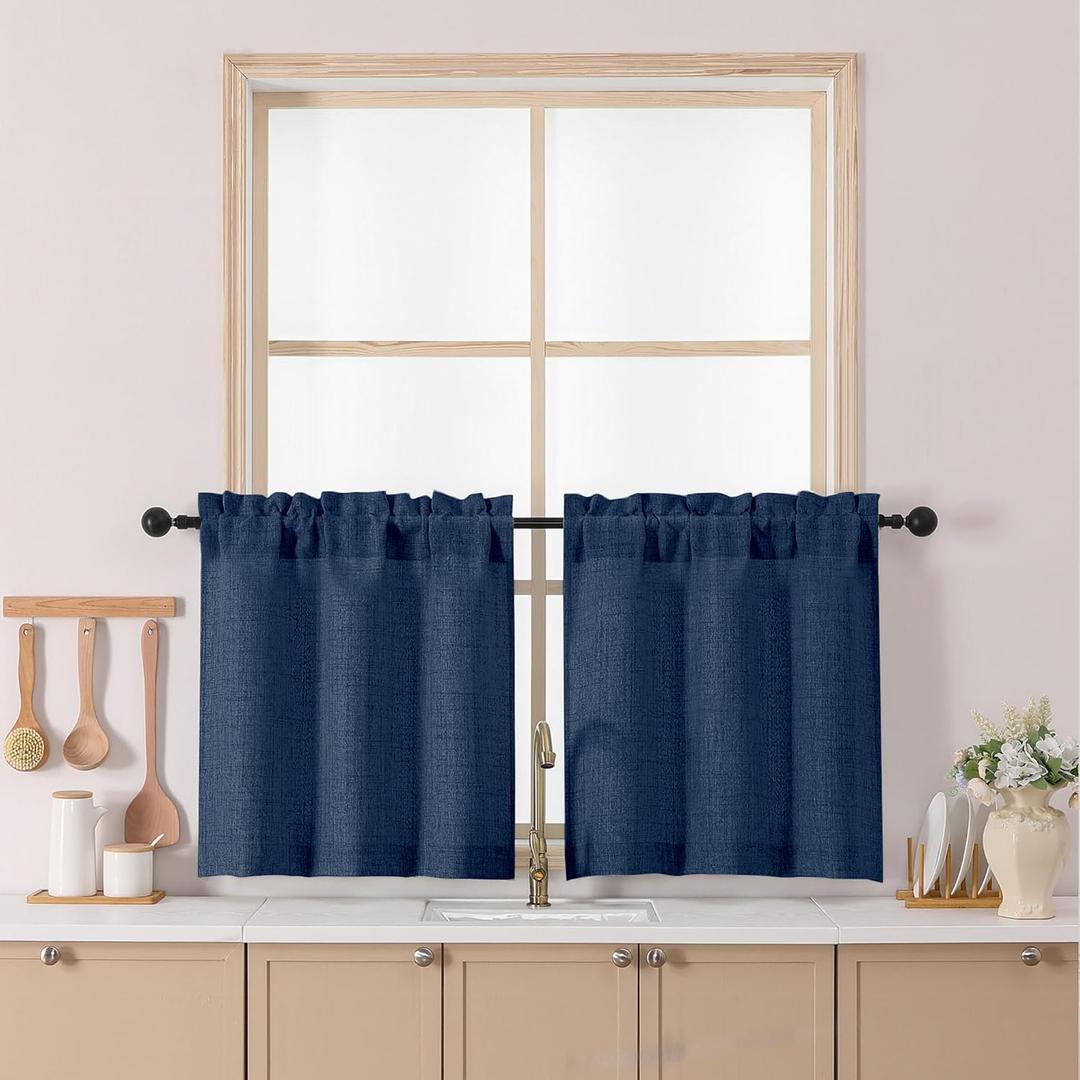 Chyhomenyc Navy Blue Kitchen Curtains 24 Inch Length, Light Filtering Faux Linen Slub Textured Small Half Window Cafe Curtain, Short Curtains for Cabinet Bathroom Basement RV Camper, 30Wx24L, 2PCS