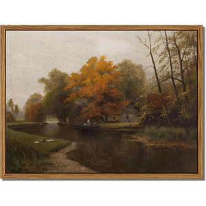Floating Framed Canvas Wall Art Decor  Vintage Autumn by the Water Landscape Paintings Prints, Nature Countryside Pictures Wall Decor for Living Room Bedroom Office Decoration 8x10 inch