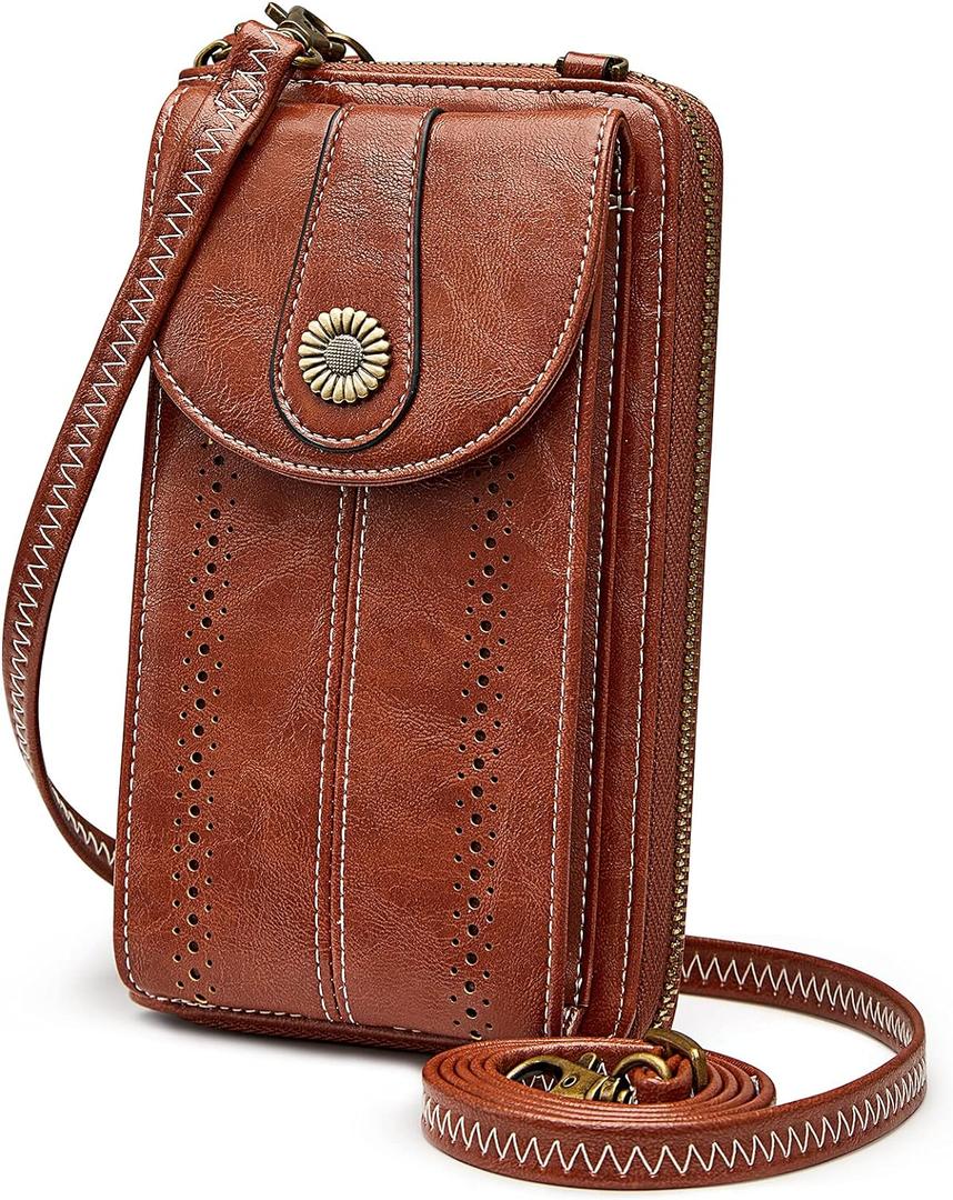 S-ZONE Women RFID Blocking Crossbody Cell Phone Purse Small Faux Leather Wallet Purse (Brown)
