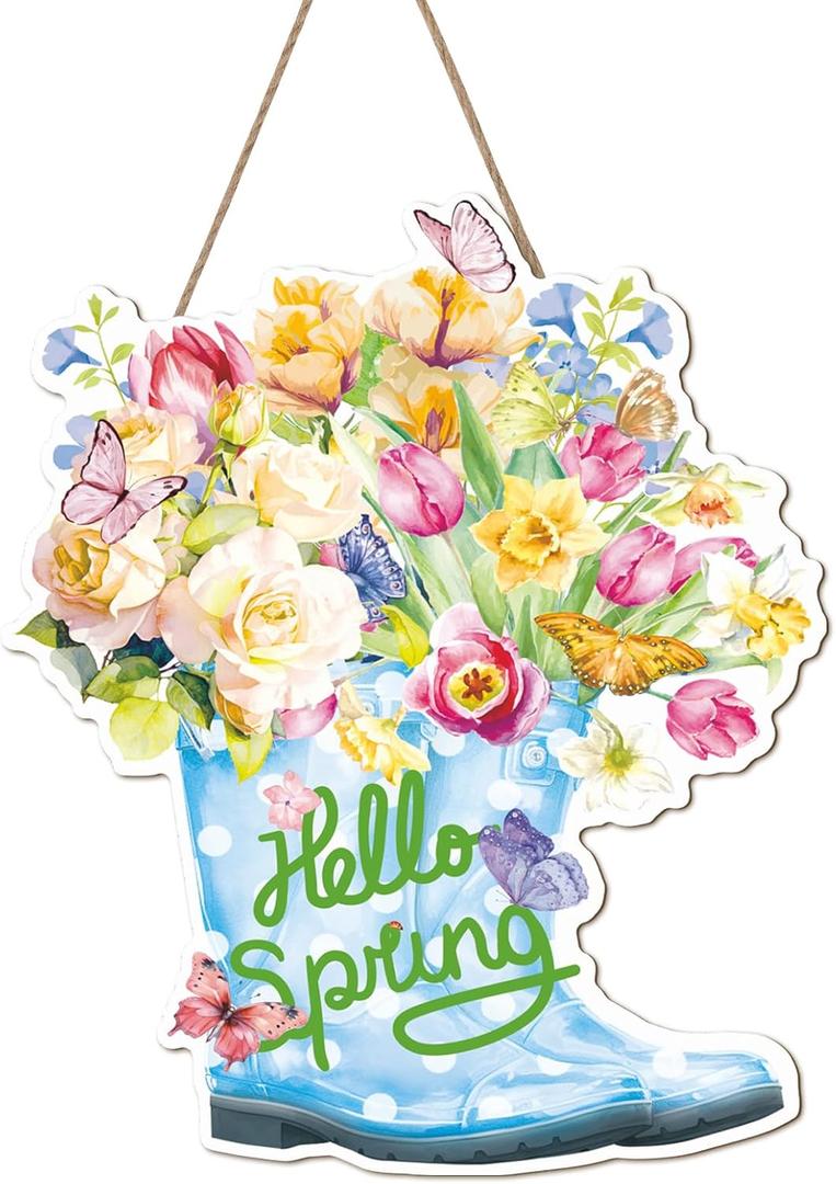 Hello Spring Door Signs,Spring Door Hanger,Flower Welcome Sign,Garten Flower Hanging Decor,Butterfly Floral Boots Wood Decor for Outdoor Indoor Farmhouse Yard Porch Easter Decoration Gift