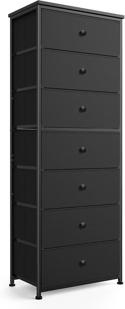 Mifuro Tall Fabric Dresser for Bedroom, Vertical Storage Organizer Tower with 7 Drawers, Chest of Drawers with Bins, Steel Frame, Wood Top for Bedroom, Closet, Entryway Black