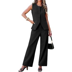 luvamia Vest Pants Suits for Women Dressy 2 Piece Business Casual Outfits Sleeveless Blazer Wide Leg Pants Pantsuit Sets (Medium, 8, Black)