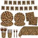 136 PCS Cheetah Print Party Decorations Include Dinosaur Plates, Cup, Napkin, Tablecloth, Happy Birthday Banner, Forks, Leopard Party Decorations for Boys Kids Serves 24