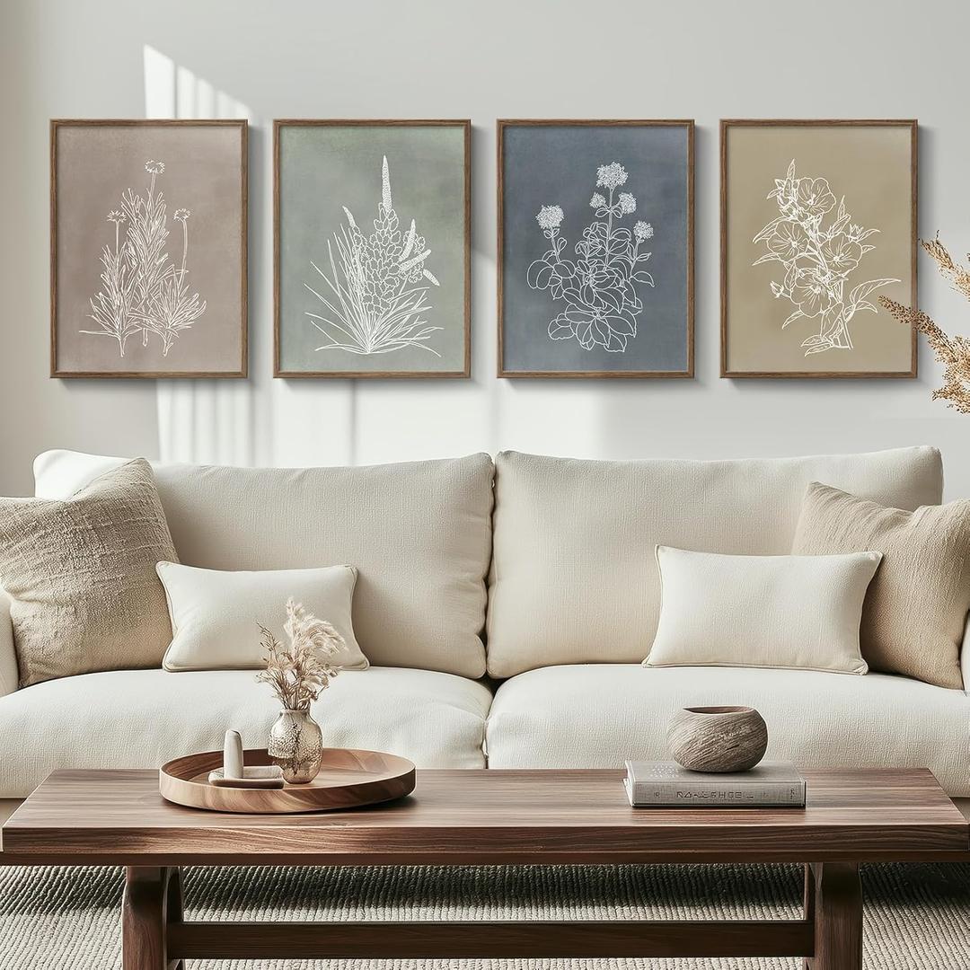 Framed Boho Botanical Wall Art for Living Room, 4 Piece Rustic Floral Canvas Painting Prints, Vintage Minimalist Neutral Flower Artwork for Modern Farmhouse Bedroom Dining Room Office Wall Decor (Simple - Walnut Framed)