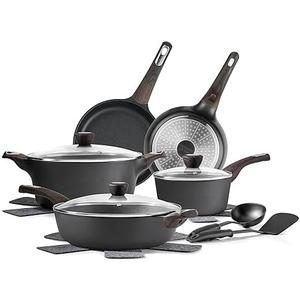 SENSARTE Pots and Pans Set Non stick, Non toxic Healthy Induction Cookware Set, 3 Pcs Non Stick Kitchen Cooking Set with Frying Pans Set & Saucepan, PFOA PFOS APEO Free, Black