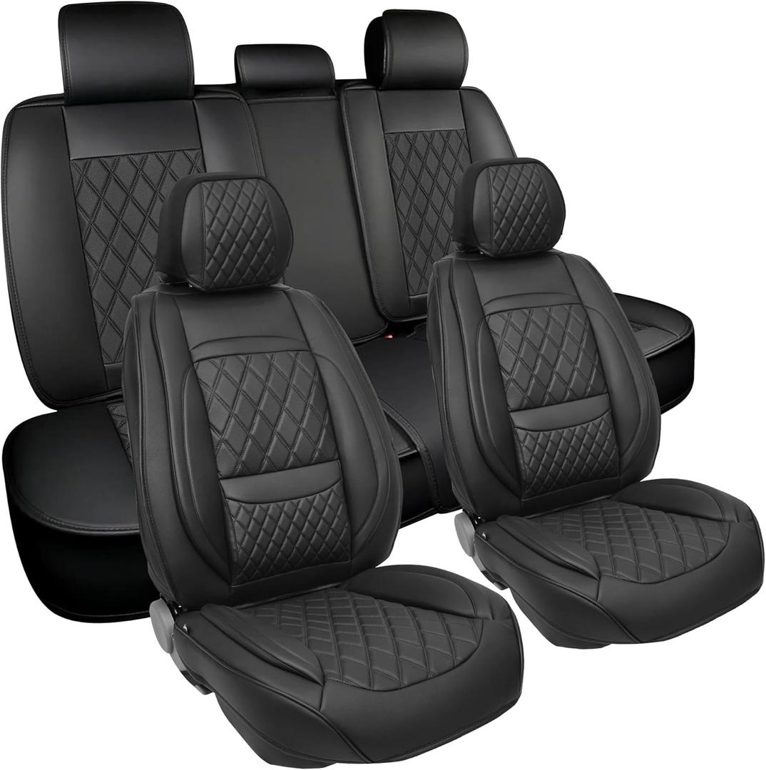 Elantrip Luxury Diamond Design Leather Car Seat Covers, Full Row, Waterproof and Non-Slip, Black, Front and Rear, for SUVs, Trucks, Cars Protective Cover