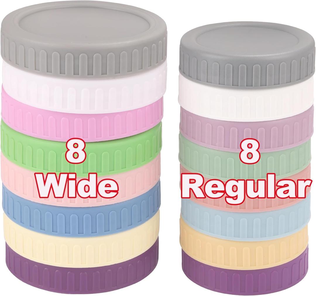 [16 Piece]8 Wide Mouth + 8 Regular Mouth Mason Jar Lids, Multi Color Plastic Lids for Mason Jars with Silicone Rings, Thickened Leak-Proof Canning Lids Regular Wide Mouth