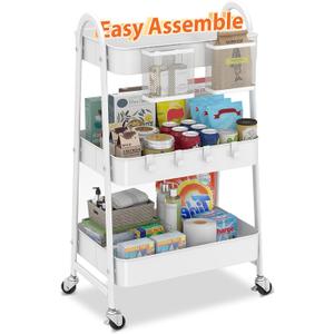 Sekey 3 Tier Rolling Cart, Hanging Cups, Hooks, Heavy Duty Mesh Rolling Storage Cart Organizer with 2 Lockable Wheels for Bathroom, Kitchen, Office, Craft, Makeup, Baby Essentials, White