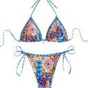 BEAUDRM Women's 2 Piece Floral Bikini Boho Halter Triangle Bikini Set Tie Back Swimsuit Bathing Suit Beachwear Swimwear Size (Medium)