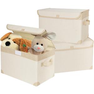 ANILD Large 17" 42 Quarts Linen Fabric Foldable Storage with PU Leather Handles, Convenient and durable Collapsible Stackable Storage Bins Best for Home, Closet, Office (16.7 x 12 x 12, 3 Pack) (Beige-White)