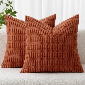 MIULEE Fall Pack of 2 Corduroy Decorative Throw Pillow Covers 18x18 Inch Soft Boho Striped Pillow Covers Modern Farmhouse Home Decor for Sofa Living Room Couch Bed Rust