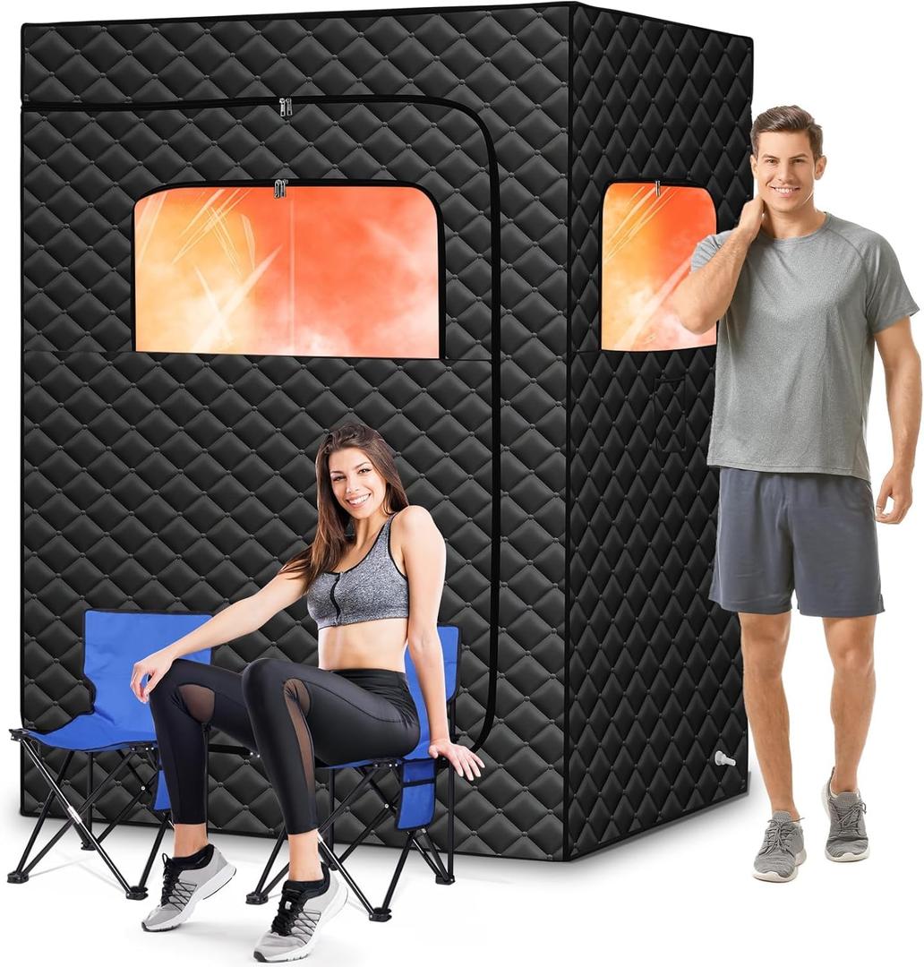 Upgraded 2 Person Portable Steam Sauna, Portable Sauna Box for Home, Home Sauna Tent Full Body, 1000W 2.6L Steam Generator, 99 Minute Timer, 2 Folding Chair, Remote Control Included (Black)