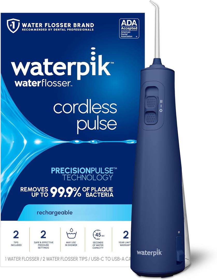 Waterpik Cordless Pulse Rechargeable Portable Water Flosser for Teeth, Gums, Braces Care and Travel with 2 Flossing Tips, Waterproof for Shower, ADA Accepted, WF-20 Blue, 