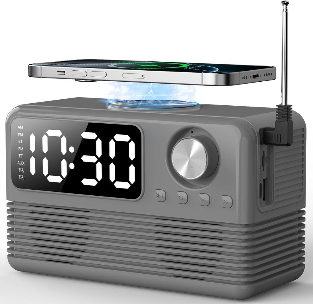 15W Fast Wireless Charger with Bluetooth Speaker and Alarm Clock Radio,4 in1 Wireless Charging Station for iPhone,Android Phones with FM Radio for Bedroom (7inch, Gray)