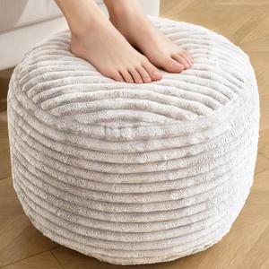 Round Ottoman,Corduroy Pouf Ottoman Foot Rest,Storage Footstool for Living Room,18x14 Soft Floor Poufs,Memory Foam Filling - Beige, 18x14 in
