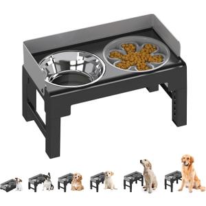 PAKEWAY Elevated Dog Bowls, Spill Proof, Tiltable Dog Feeder with 1 Slow Feeder Bowl &1 Stainless Steel Bowl, 6 Height Adjustable Raised Dog Bowls Stand for Medium Large Dogs (Grey)
