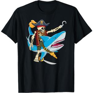 Skeleton Pirate Riding Shark Halloween Kids Boys T-Shirt (Red, M)