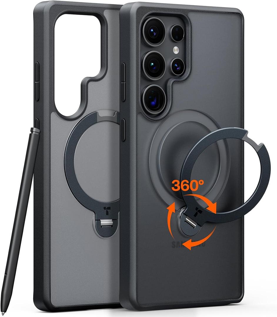TORRAS 360 Spin Magnetic Stand for Samsung Galaxy S25 Ultra Case, Fit for Magsafe, Military Grade Slim Protective S25 Ultra Case with Kickstand & Ring Holder, Ostand Spin, Translucent Frosted Black