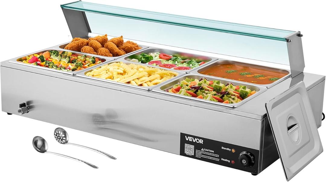VEVOR Commercial Food Warmer, 1500W Electric Stainless Steel Steam Food Warmer with Glass Cover, 6 x 1/2 Size Pans Buffet Bain Marie with Soup & Perforated Ladles, for Catering, Restaurant & Party