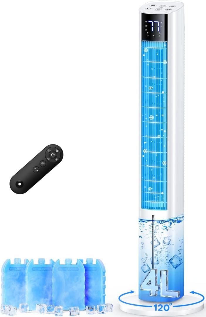 FANCOLE 44 INCH Windowless Air Conditioner with 4 Modes & 3 Speeds, 12H Timer, 4L Tank for 24H Cooling Evaporative Air Cooler, 4 Ice Packs, 17Ft Remote, 120 Oscillating Portable AC Unit for Bedroom