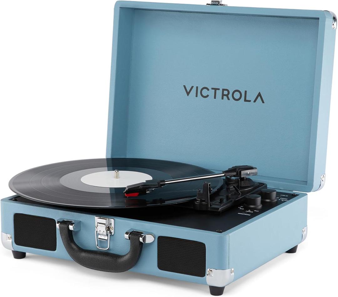 Victrola Journey II (2025 Model) Bluetooth Suitcase Record Player Built-in Stereo Speakers with Enhanced Bass, 3-Speed Turntable, Bluetooth Input and Output, RCA & Headphone Outputs (Blue)