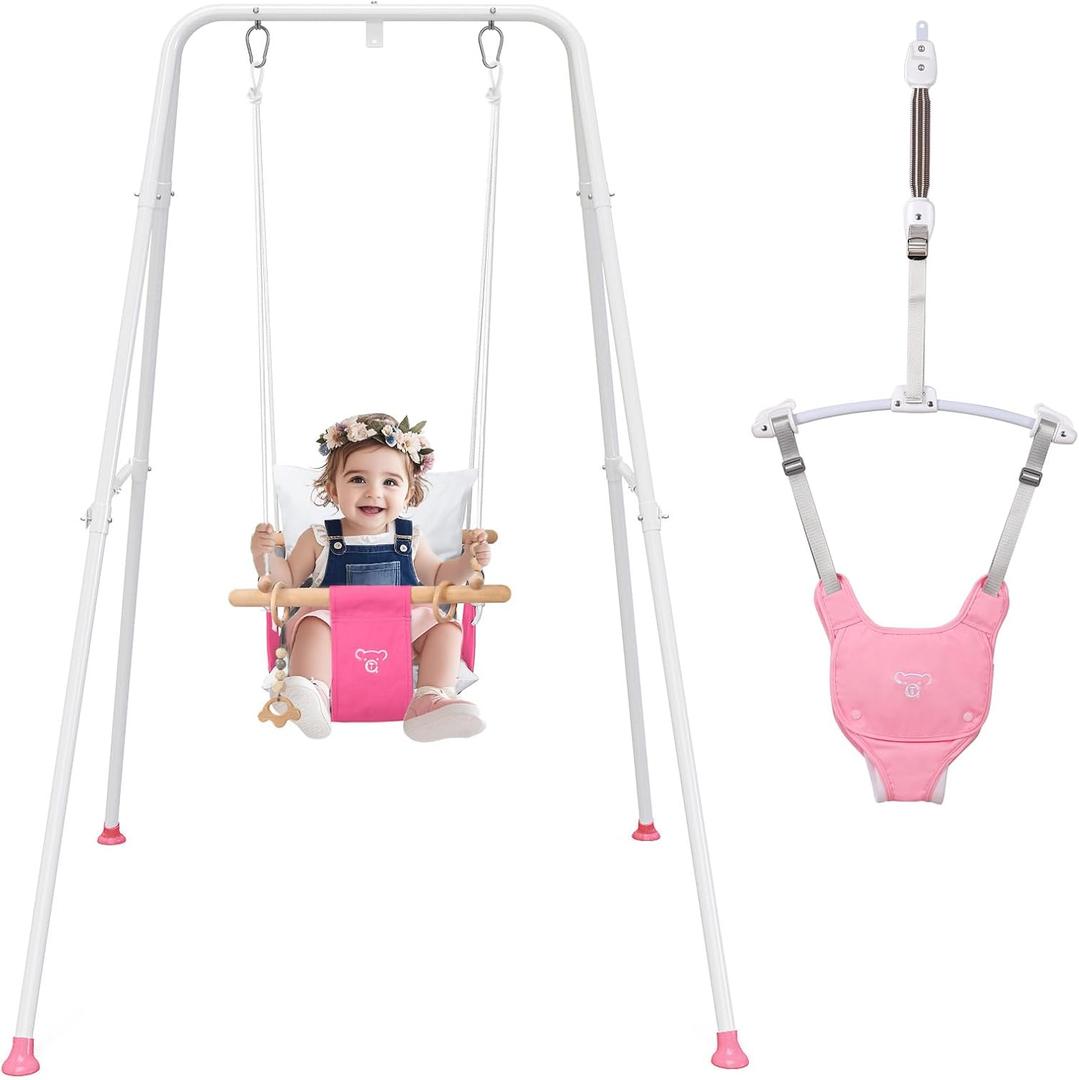 RAGOZONERY 2 in 1 Baby Jumper with Toddler Swing, Baby Jumpers and Bouncers,Indoor Outdoor Toddler Swing SetPink