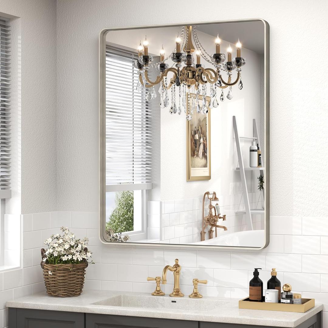 28x32 Silver Bathroom Mirror for Wall, Brushed Metal Framed Bathroom Vanity Mirror, Modern Rounded Corner Rectangle Mirror, Anti-Rust (Horizontal/Vertical) 28x32 Silver Bathroom Mirror for Wall, Brushed Metal Framed Bathroom Vanity Mirror, Modern Rounded Corner Rectangle Mirror, Anti-Rust (Horizontal/Vertical)